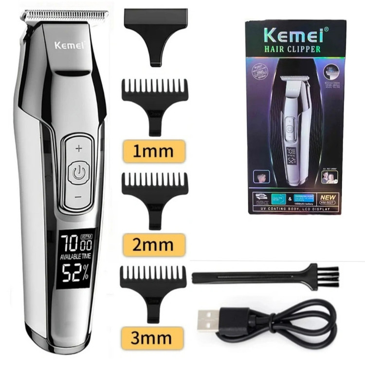 ماشین اصلاح موی سر و صورت کیمی مدل 5027 با باتری قابل شارژ 270 دقیقهای، سرعت موتور 7000 RPM، 4 حالت تنظیم سرعت، 3 عدد شانه قابل تنظیم و نمایشگر وضعیت باتری