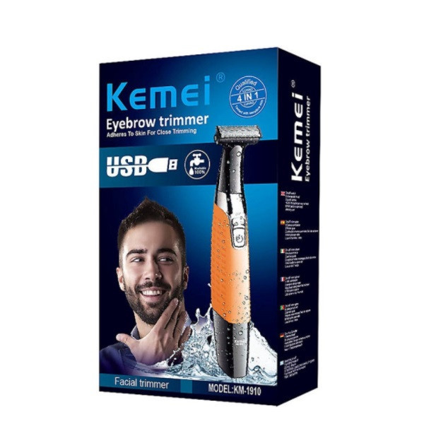 ماشین اصلاح موی صورت و بدن کیمی مدل km-1910 با تیغه استیل ضد زنگ، قابلیت شستشو، طراحی ارگونومیک، باتری قابل شارژ، شانه قابل تنظیم دستی و منبع تغذیه USB