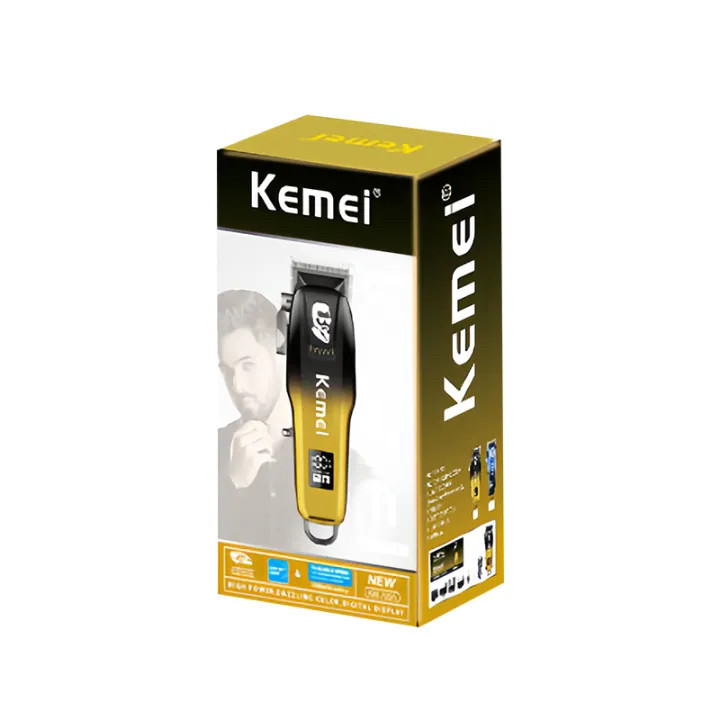 ماشین اصلاح موی سر و صورت کیمی مدل KM-709A با تیغه استیل ضد زنگ، باتری قابل شارژ 2000 میلیآمپر، نمایشگر وضعیت باتری، 4 حالت تنظیم تیغه، قدرت موتور 6500، 4 عدد شانه در سایزهای مختلف، کابل شارژ تایپ C، برس تمیزکننده و روغن روانکننده
