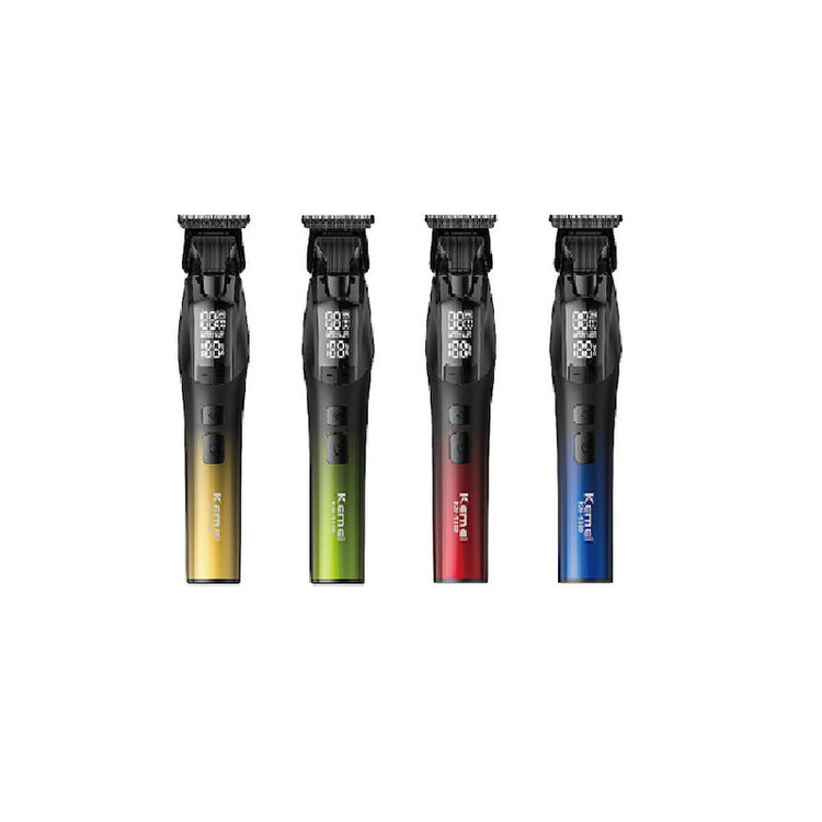 ماشین اصلاح موی صورت شارژی کیمی مدل KM-1859 با موتور 5 وات، تیغههای استیل ضدزنگ DLC، قابلیت تنظیم سرعت، باتری لیتیومی با شارژ سریع و نمایشگر LED
