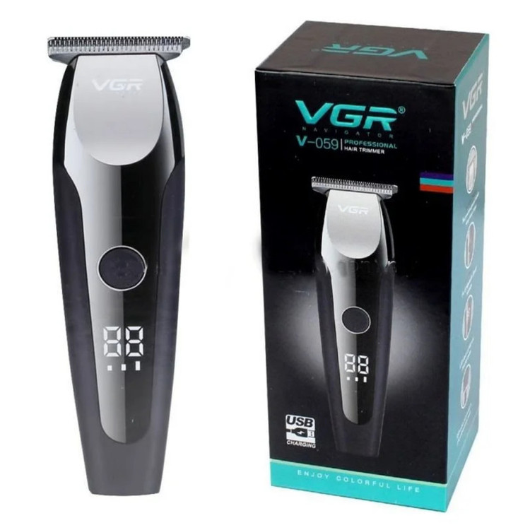 ماشین اصلاح موی صورت و بدن وی جی ار مدل V-059 با تیغه استیل ضد زنگ خودتیز شونده، باتری لیتیوم یونی با 150 دقیقه زمان استفاده، نمایشگر دیجیتال، تنظیم سرعت 3 مرحلهای و 6 عدد شانه سایز 1 تا 6 میلیمتر