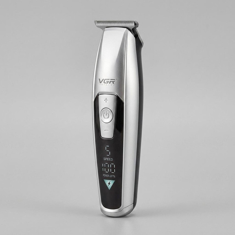 ماشین اصلاح موی سر و صورت وی جی ار مدل V-970 با تیغه استیل ضد زنگ، باتری قابل شارژ با 240 دقیقه استفاده، 5 سرعت قابل تنظیم، طراحی ارگونومیک و 3 شانه تنظیم طول 2، 3 و 4 میلیمتر