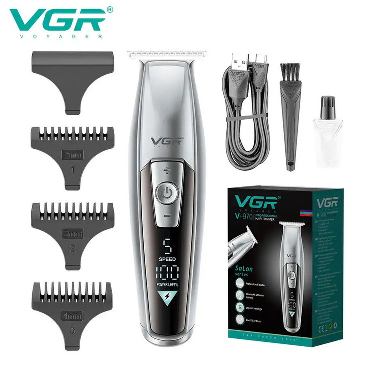 ماشین اصلاح موی سر و صورت وی جی ار مدل V-970 با تیغه استیل ضد زنگ، باتری قابل شارژ با 240 دقیقه استفاده، 5 سرعت قابل تنظیم، طراحی ارگونومیک و 3 شانه تنظیم طول 2، 3 و 4 میلیمتر