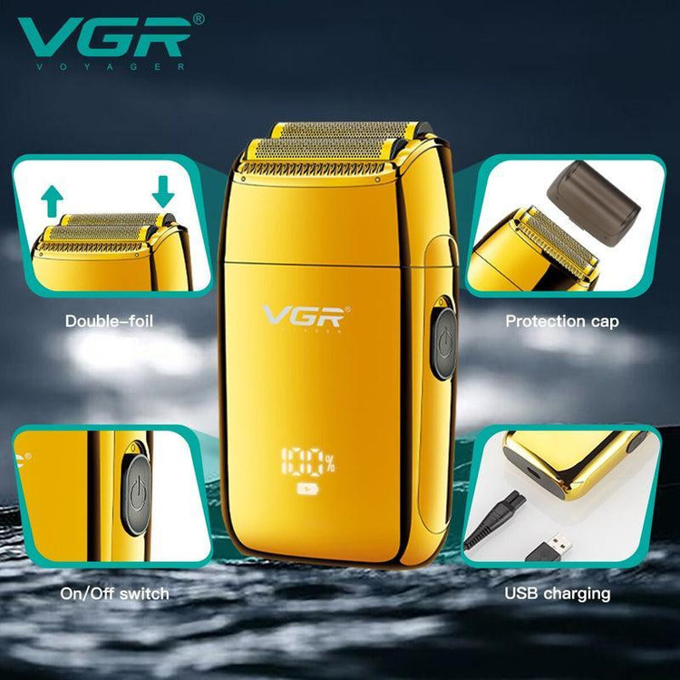 ماشین اصلاح موی صورت وی جی آر مدل V-399 با تیغه استیل پیشرفته، تکنولوژی شیو فویلی، باتری لیتیوم یونی 700mAh، استفاده خشک و مرطوب، شارژ سریع 180 دقیقه، عمر باتری 200 دقیقه، مقاوم در برابر آب و سبک