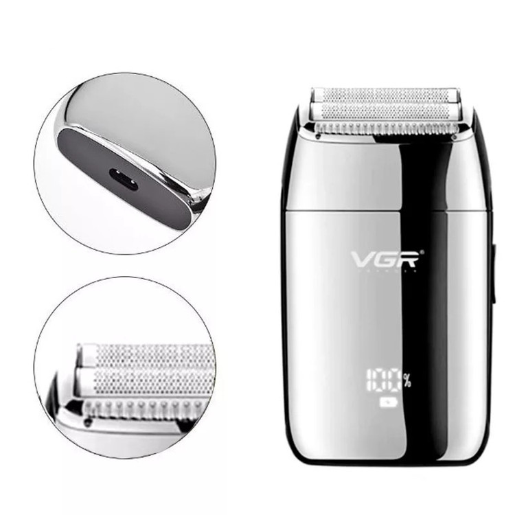 ماشین اصلاح موی صورت وی جی آر مدل V-399 با تیغه استیل پیشرفته، تکنولوژی شیو فویلی، باتری لیتیوم یونی 700mAh، استفاده خشک و مرطوب، شارژ سریع 180 دقیقه، عمر باتری 200 دقیقه، مقاوم در برابر آب و سبک