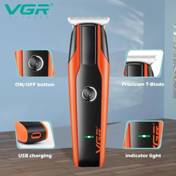 ماشین اصلاح موی سر و صورت وی جی آر مدل V-999 با تیغه استیل پیشرفته، اصلاح دقیق 0.01 میلیمتر، استفاده خشک و مرطوب، باتری شارژی 90 دقیقه کارکرد و 4 شانه تنظیم طول