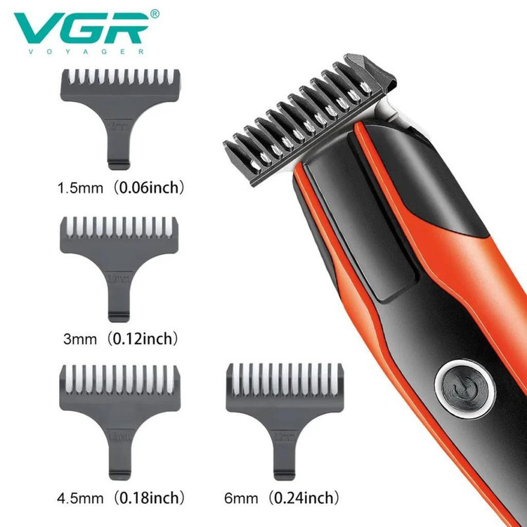 ماشین اصلاح موی سر و صورت وی جی آر مدل V-999 با تیغه استیل پیشرفته، اصلاح دقیق 0.01 میلیمتر، استفاده خشک و مرطوب، باتری شارژی 90 دقیقه کارکرد و 4 شانه تنظیم طول