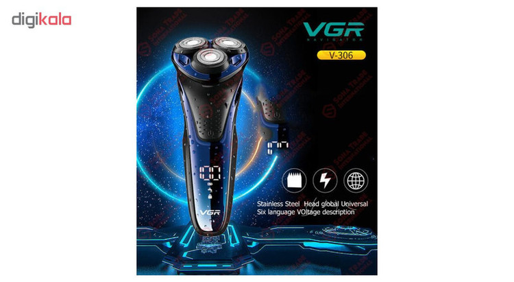 ماشین اصلاح موی صورت وی جی آر مدل V-306 با تیغه استیل ضد زنگ، اصلاح چرخشی، قابلیت استفاده خشک و مرطوب، باتری قابل شارژ با 90 دقیقه زمان استفاده