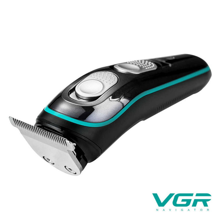 ماشین اصلاح موی صورت وی جی ار مدل V-055 با تیغه استیل ضد زنگ، باتری قابل شارژ، طراحی ارگونومیک، خط زن و صفر زن، اندازه اصلاح 0 تا 10 میلیمتر، وزن 220 گرم