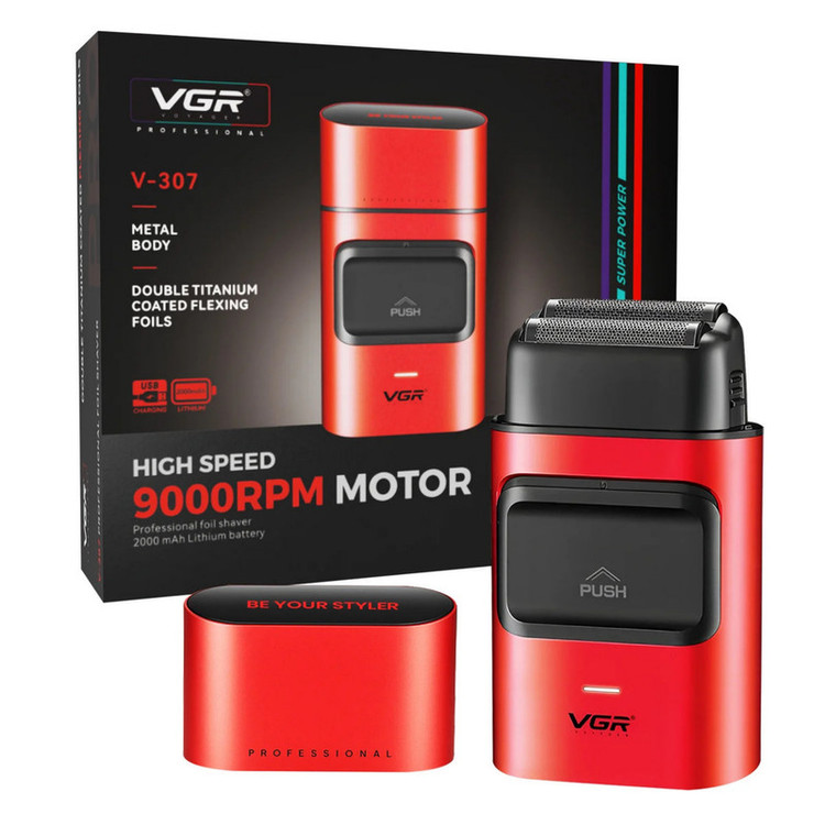 ماشین اصلاح موی صورت شارژی وی جی ار مدل V-307 با موتور 9000 دور در دقیقه، تیغههای استیل ضد زنگ، فویلی دوگانه، باتری 2000 میلیآمپر ساعت، اصلاح با شماره صفر و طراحی ارگونومیک