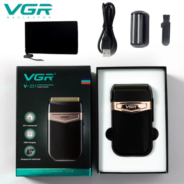 ماشین اصلاح موی صورت وی جی ار مدل 331 ضدآب با طراحی ارگونومیک، تیغه استیل پیشرفته سهتیغه، شارژ USB و قابلیت استفاده خشک و مرطوب